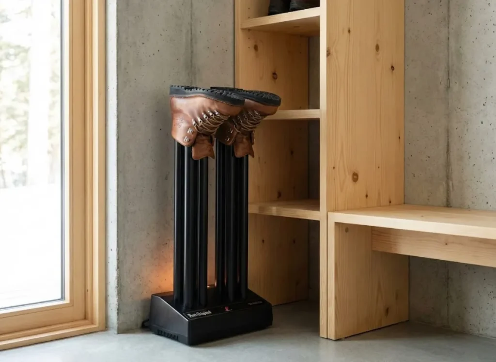 Danner leather hiking boots drying on a Peet thermal convection dryer in a modern, clean mudroom with soft natural lighting.