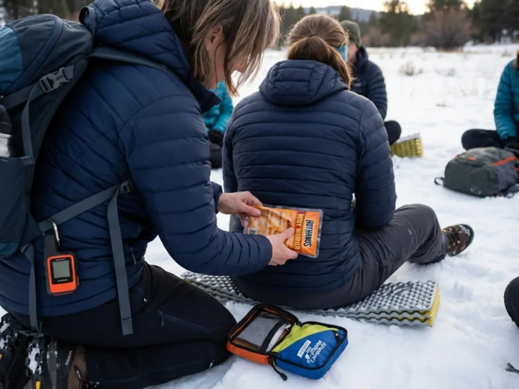Wilderness medicine instructor demonstrating safe hand warmer placement over clothing layer