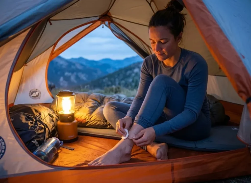 A hiker inside a tent carefully removing ankle tape using oil to prevent skin damage, illuminated by a warm lantern glow.