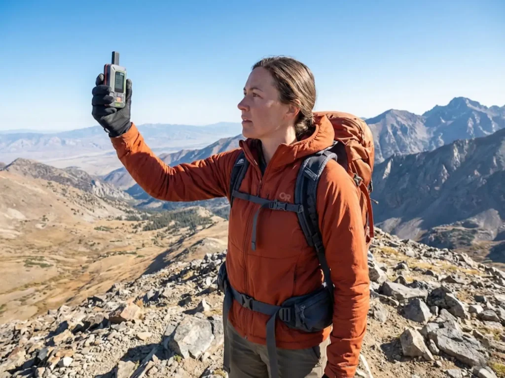 Female hiker checking ZOLEO satellite communicator signal on alpine ridgeline for safety