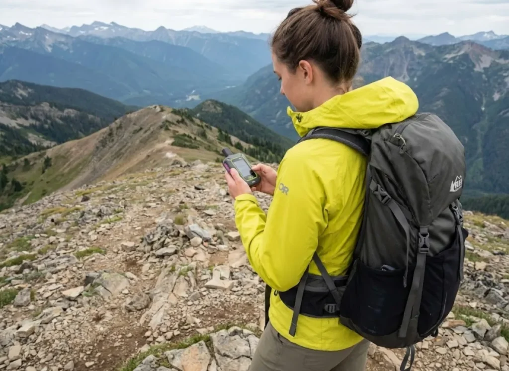 Solo hiker sending satellite check-in message from remote mountain ridge without cell service