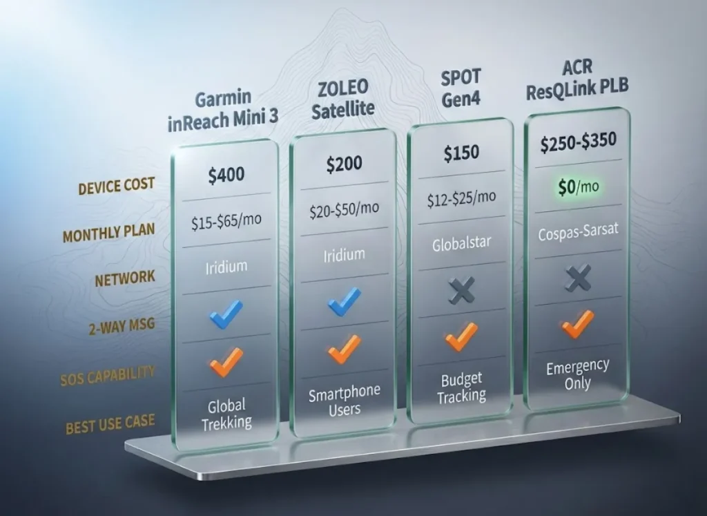 A premium side-by-side comparison chart of Garmin inReach, ZOLEO, SPOT, and ACR satellite messengers, displaying cost, network, and features in a 3D glassmorphism style with topographic mountain details.