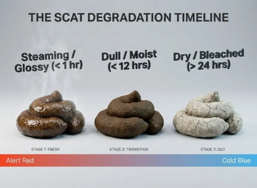 A scientific infographic timeline showing the three stages of scat decomposition: a steaming glossy pile representing less than 1 hour, a dull moist pile representing less than 12 hours, and a dry bleached pile representing over 24 hours.