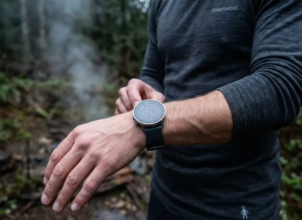Close-up of a hiker's wrist checking a Suunto watch, with detailed merino wool texture and a moody, misty background suggesting early morning trail conditions.