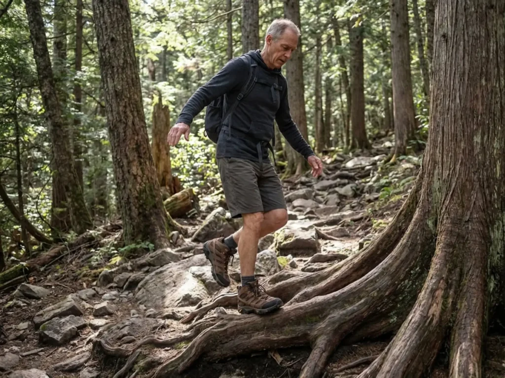 Senior male hiker practicing single-leg balance on uneven forest trail