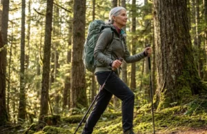 Can Seniors Hike Safely? Yes—Here’s the Fitness Plan Senior woman hiking forest trail with trekking poles and lightweight backpack