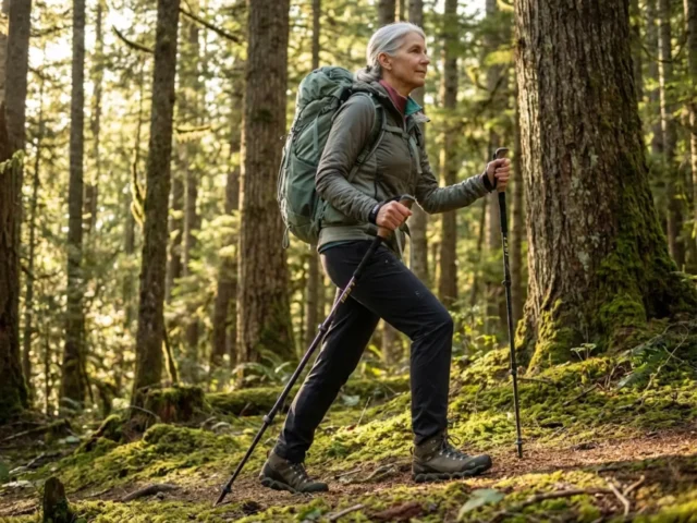 senior-hiker-fitness-forest-trail-trekking-poles Senior woman hiking forest trail with trekking poles and lightweight backpack