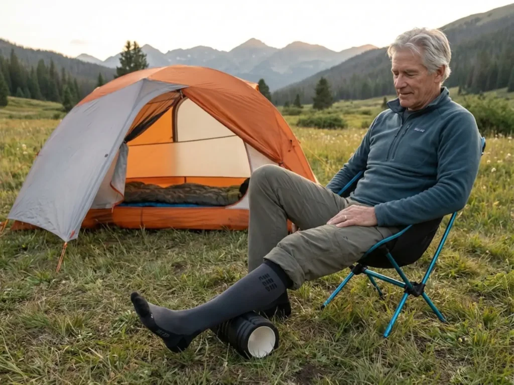 Senior hiker using foam roller for post-hike recovery at mountain campsite