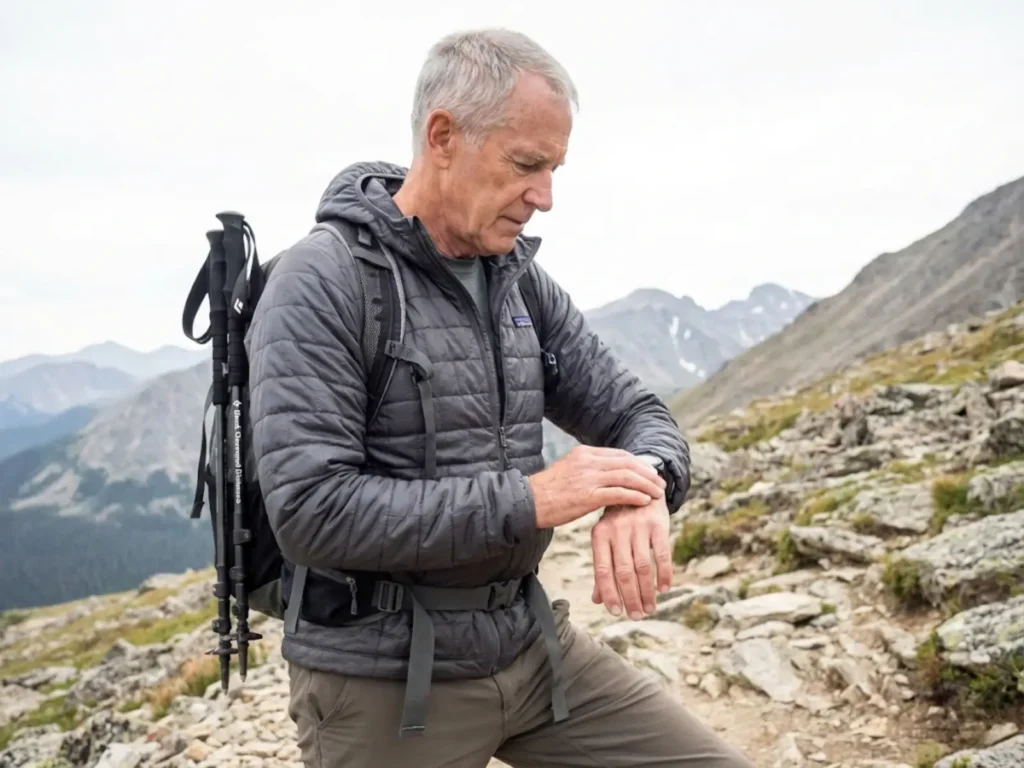 Senior male hiker monitoring heart rate with fitness watch on alpine trail