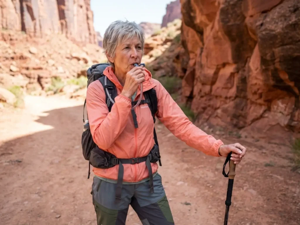 Senior woman staying hydrated with hydration pack on desert canyon trail