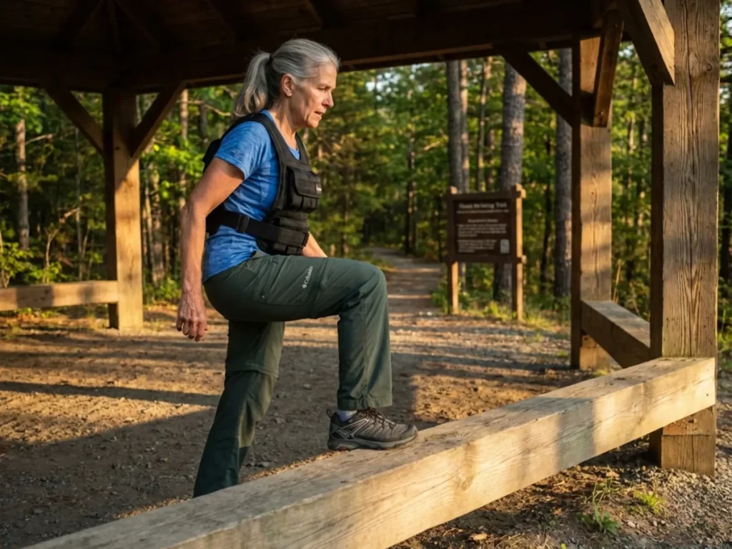 Senior woman doing weighted step-up exercises to prepare for hiking trails