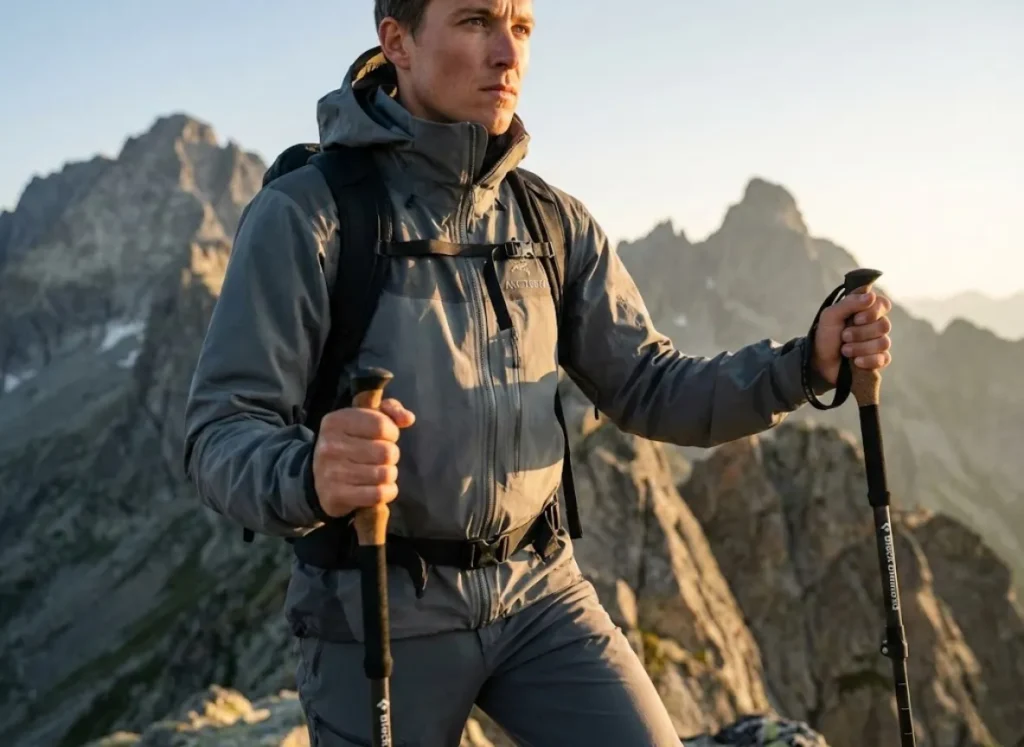 Professional hiker on an alpine ridge holding trekking poles, golden hour lighting, Arc'teryx gear.