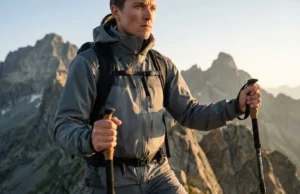 Set Pole Length for Uphill Power and Downhill Braking Professional hiker on an alpine ridge holding trekking poles, golden hour lighting, Arc'teryx gear.