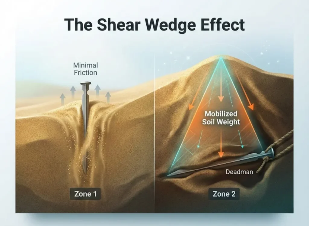 A detailed 3D cross-section infographic titled "The Shear Wedge Effect." The left side illustrates a vertical tent stake in loose sand with weak friction. The right side shows a horizontal "Deadman" anchor buried deep, highlighting a large cone of soil weight pressing down on it to create holding power.