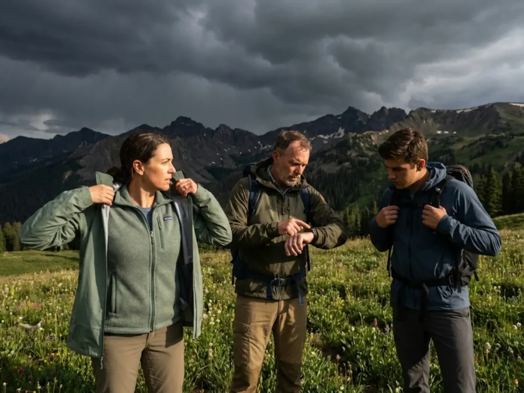 Hiking group changing into rain shells as storm approaches mountain trail