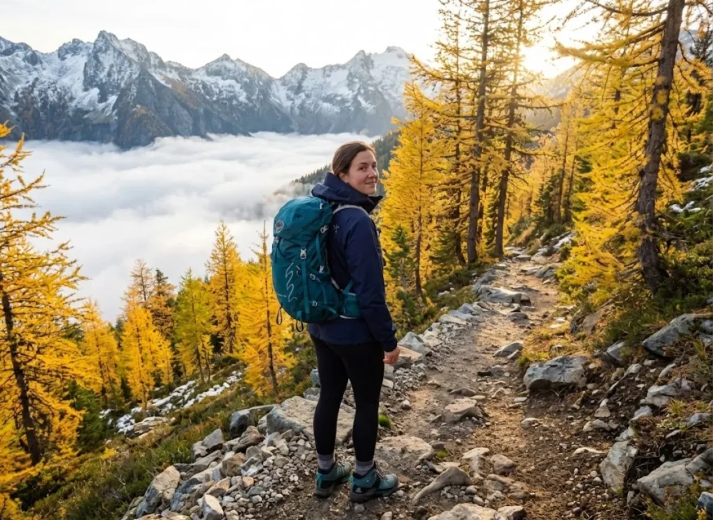 Hiker on empty fall trail above cloud inversion during shoulder season in North Cascades