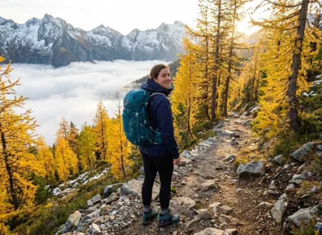 shoulder-season-hiking-fall-empty-trail Hiker on empty fall trail above cloud inversion during shoulder season in North Cascades