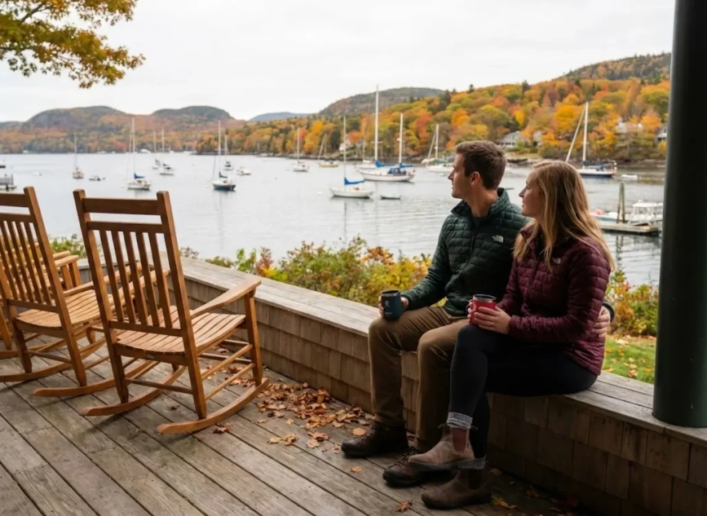 Couple enjoying off-season lodge in Bar Harbor during shoulder season with fall foliage