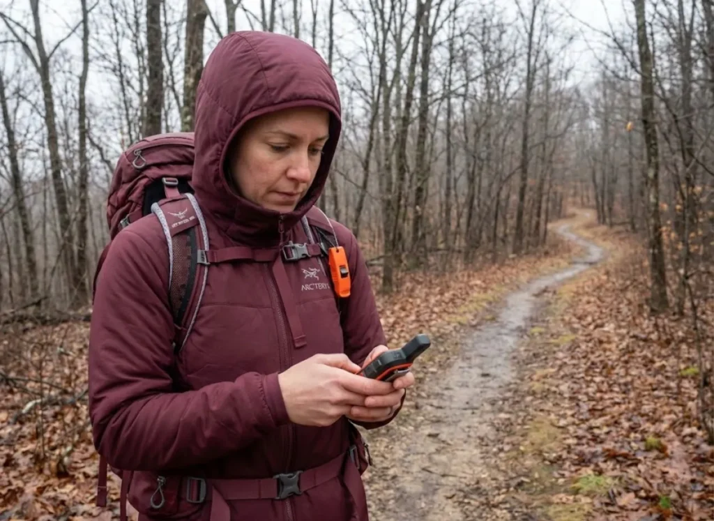 Solo hiker checking Garmin inReach on remote November trail during shoulder season