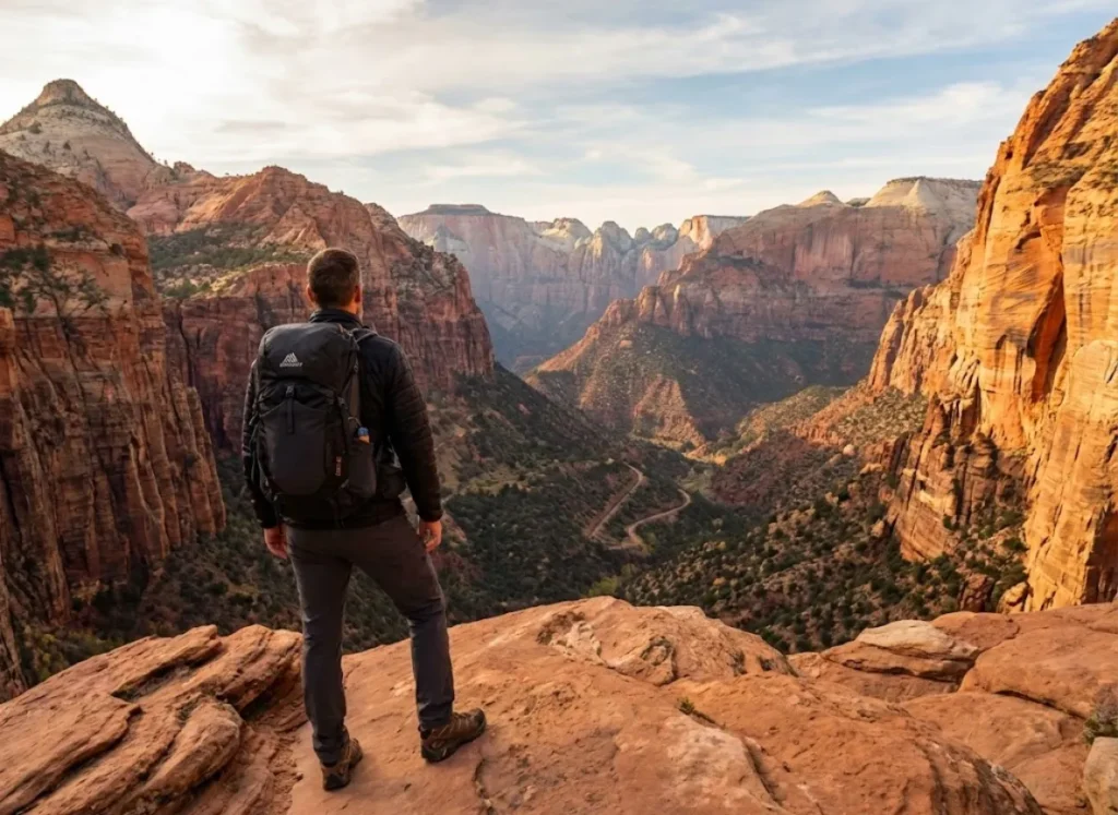 Solo hiker enjoying empty Angels Landing viewpoint during November shoulder season
