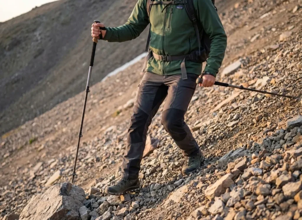 Hiker traversing a sloped trail using asymmetrical pole lengths for balance on technical terrain.