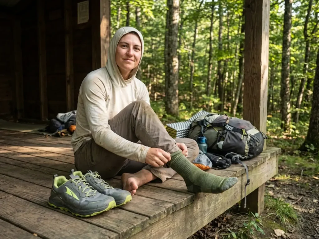 Thru-hiker wearing single layer Merino wool socks for lightweight blister prevention
