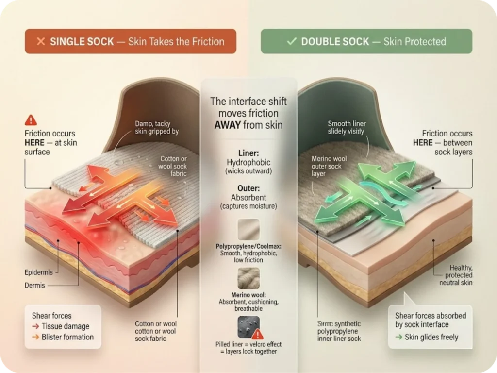 Side-by-side comparison showing friction mechanics: single sock system with damaging skin-to-sock friction versus double sock system where friction occurs safely at the sock-to-sock interface, protecting skin from shear forces.