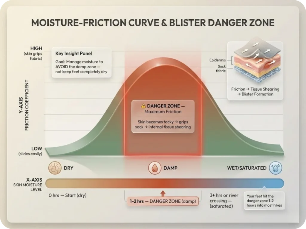 Graph showing the relationship between skin friction level and moisture, with the dangerous damp zone highlighted where friction peaks 1-2 hours into a hike, causing blister formation.