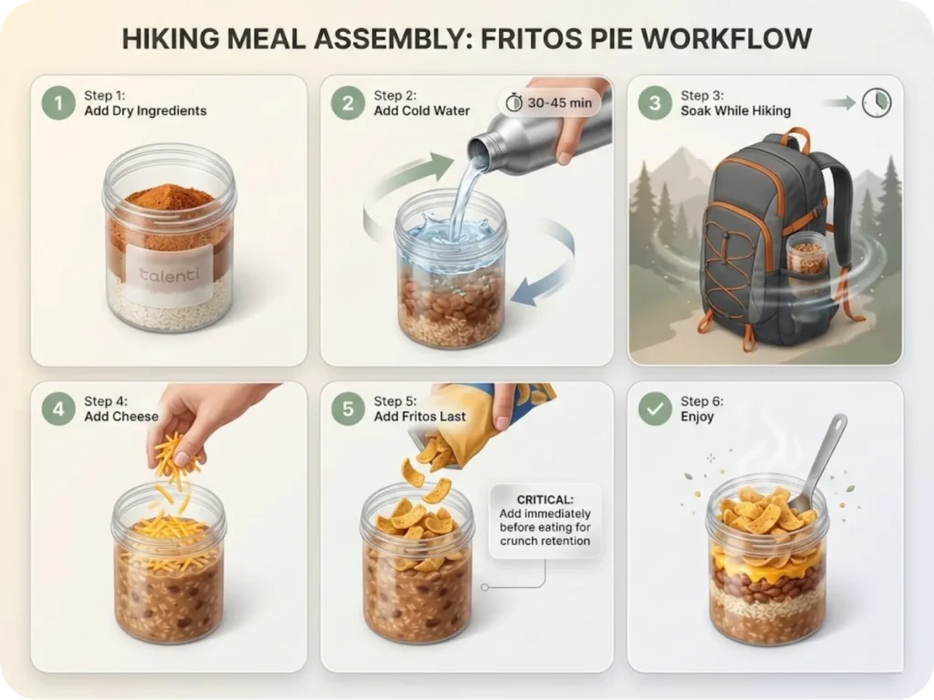 Six-step visual assembly guide for Skurka's Beans & Rice cold soak meal, from dry ingredients to final plated dish with Fritos topping.