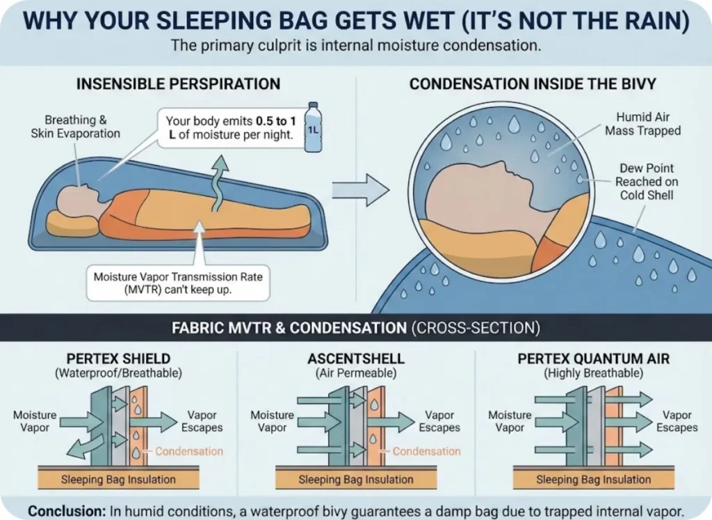 Cross-section infographic showing moisture vapor movement through three bivy fabric types—Pertex Shield, AscentShell, and Pertex Quantum Air—with arrows indicating airflow direction and condensation formation points.