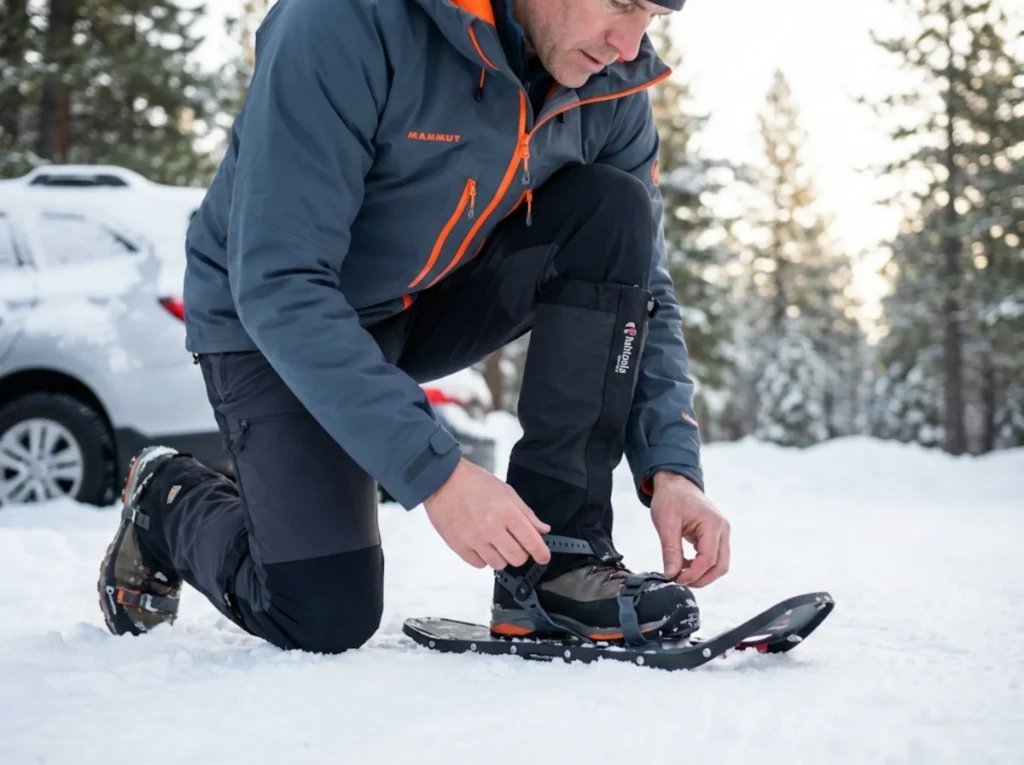 Snowshoer checking gaiter clearance against MSR Lightning Ascent binding straps before departure