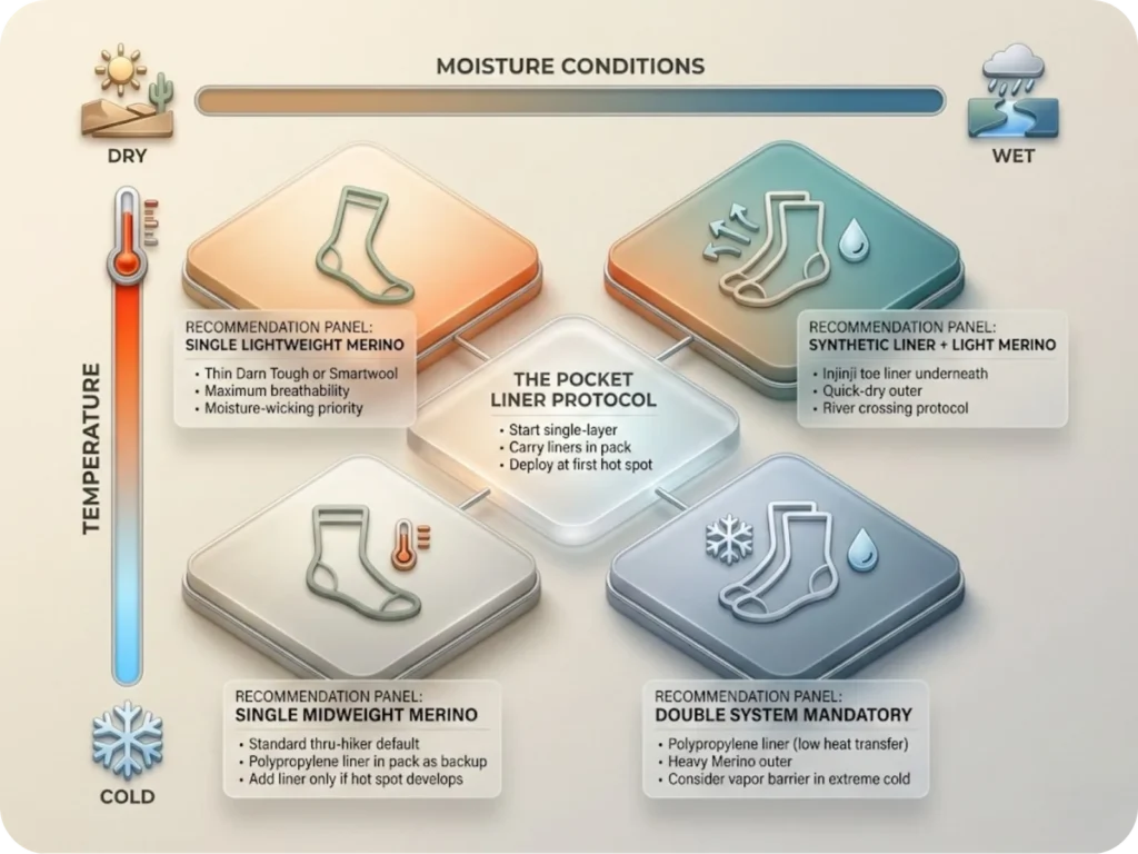 2x2 decision matrix for hiking sock selection with temperature on one axis (hot to cold) and moisture conditions on the other (dry to wet), showing recommended sock systems for each quadrant with simple icons.
