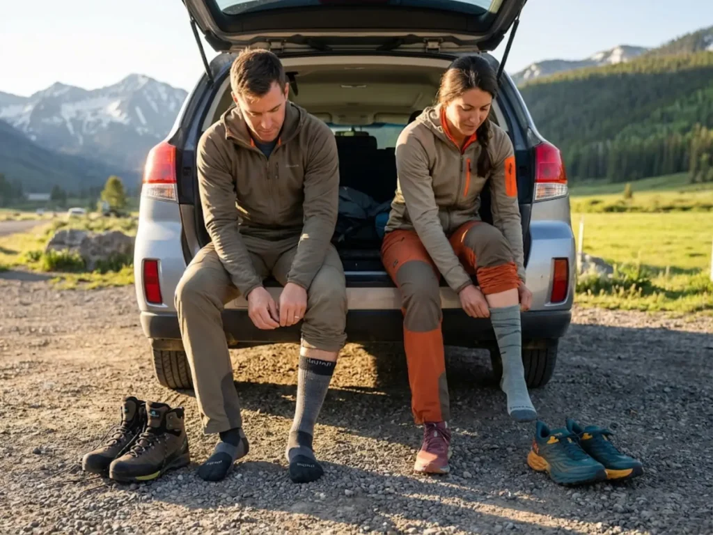 Hikers choosing different sock systems based on weather conditions and terrain at trailhead