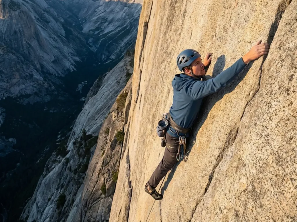Rock climber in stretchy softshell jacket making technical move on granite