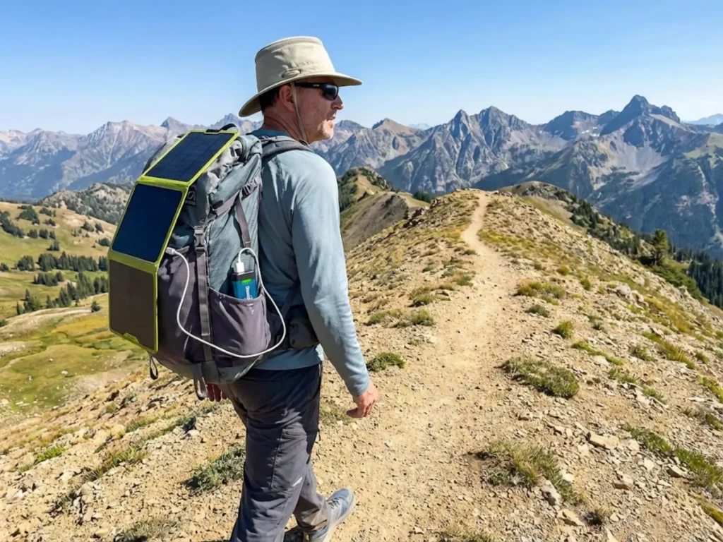 Hiker charging USB UV water purifier via solar panel on backpack while trail hiking