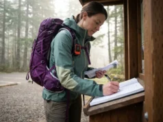 Solo Hiking Safety: The Trip Plan Protocol SAR Teams Want Solo hiker writing trip plan in trail register before hiking with satellite messenger attached