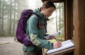 Solo Hiking Safety: The Trip Plan Protocol SAR Teams Want Solo hiker writing trip plan in trail register before hiking with satellite messenger attached