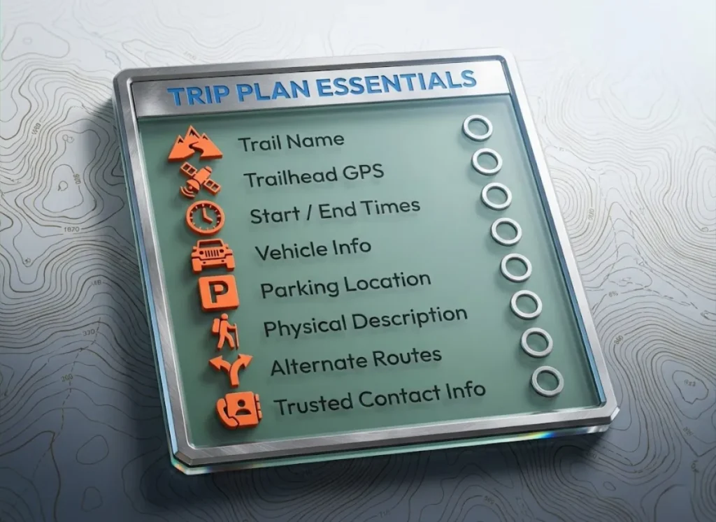 A premium technical infographic displaying a checklist of the 8 essential items for a solo hiking safety plan, presented on a floating glass interface with topographic map details and rugged outdoor aesthetics.