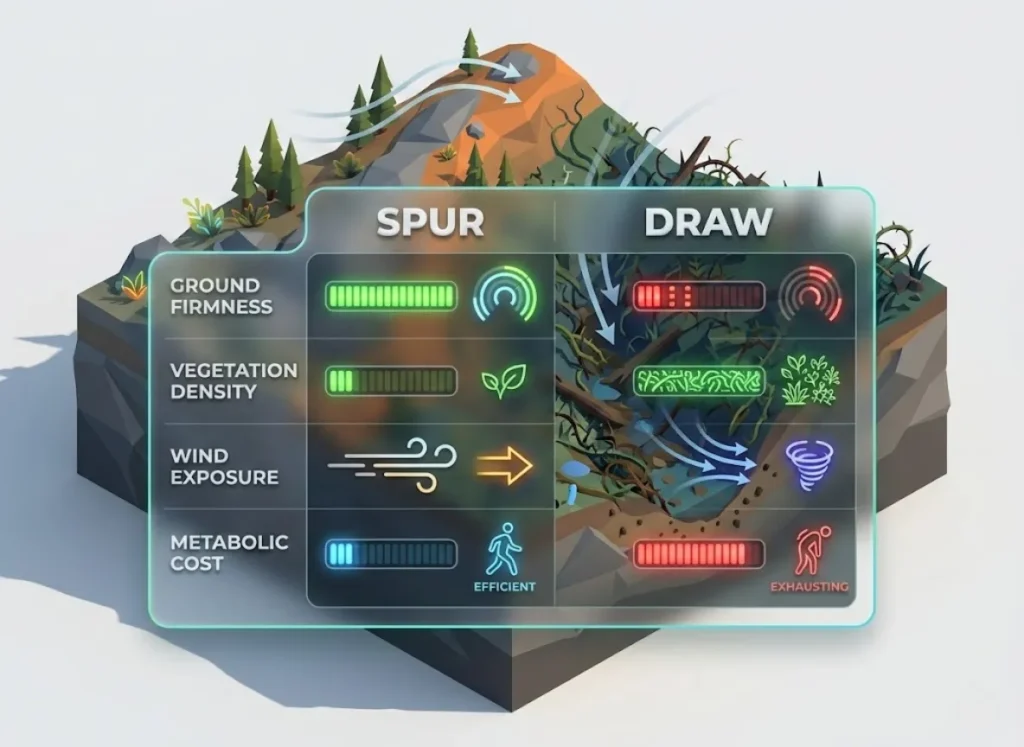 A 3D isometric decision matrix comparing terrain features for land navigation. The chart contrasts 'Spur' versus 'Draw' across four categories: Ground Firmness, Vegetation Density, Wind Exposure, and Metabolic Cost, visualized against a stylized topographic landscape.