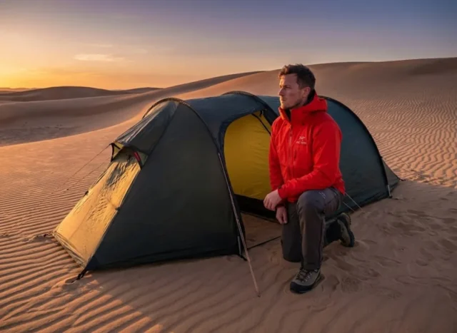 stake-tent-sandy-soil-deadman-hero Professional hiker setting up a Hilleberg tent in vast sand dunes during golden hour, demonstrating pristine gear and technical focus.