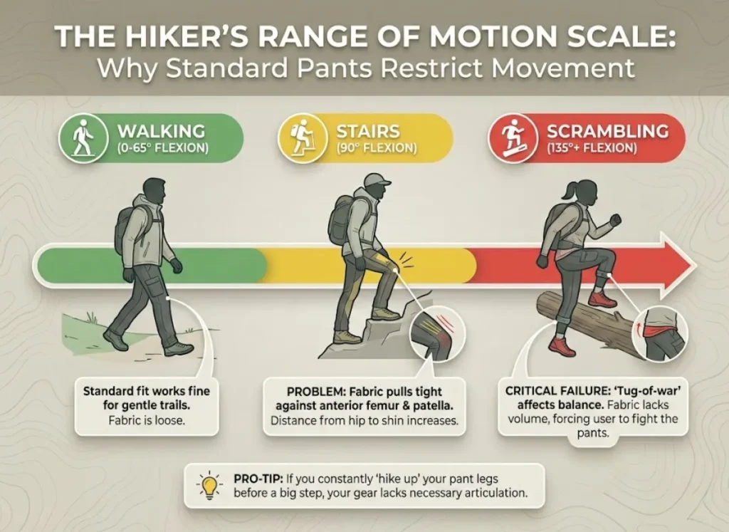 Infographic titled 'THE HIKER'S RANGE OF MOTION SCALE' illustrating how standard pants restrict movement during different degrees of knee flexion, from walking to scrambling.
