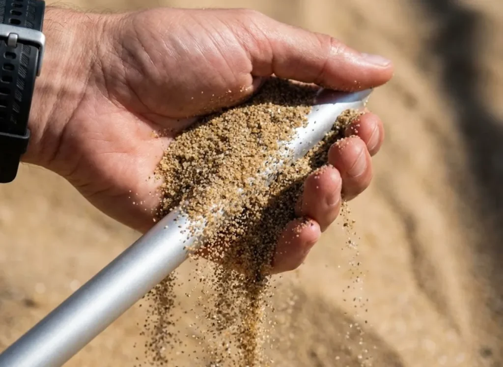Close-up of a hand pouring loose sand over a standard tent stake, visualizing the lack of friction and cohesion in granular soil.