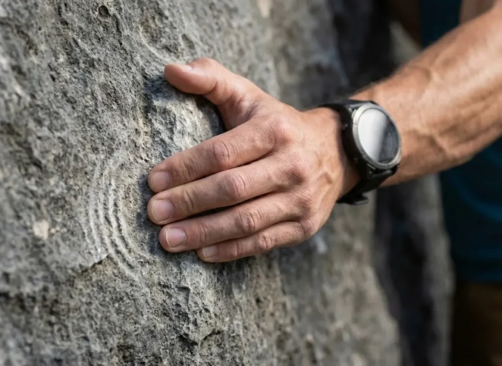 Macro photography of a hiker's hand performing a percussion test on a rock hold to check for stability.