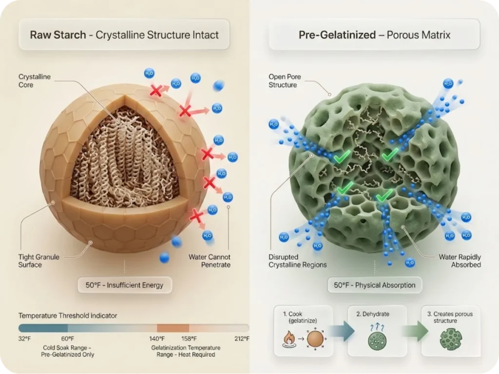 Molecular comparison of raw starch granule versus pre-gelatinized starch showing why cold soaking only works with instant foods.
