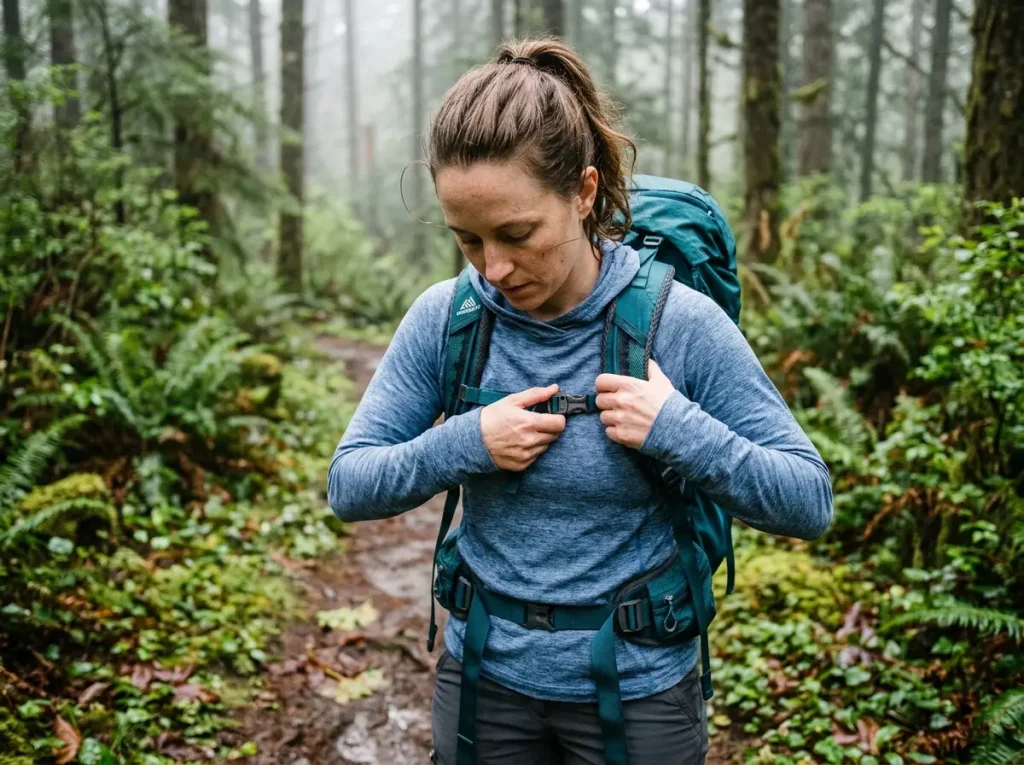 Hiker pinching the sternum strap an inch below the collarbone to check height, Gregory pack