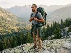 Is Your Sternum Strap Height Too High or Too Low? Hiker adjusting sternum strap height on an Osprey pack on a granite ledge at dawn