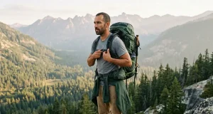 Is Your Sternum Strap Height Too High or Too Low? Hiker adjusting sternum strap height on an Osprey pack on a granite ledge at dawn