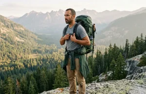 Is Your Sternum Strap Height Too High or Too Low? Hiker adjusting sternum strap height on an Osprey pack on a granite ledge at dawn
