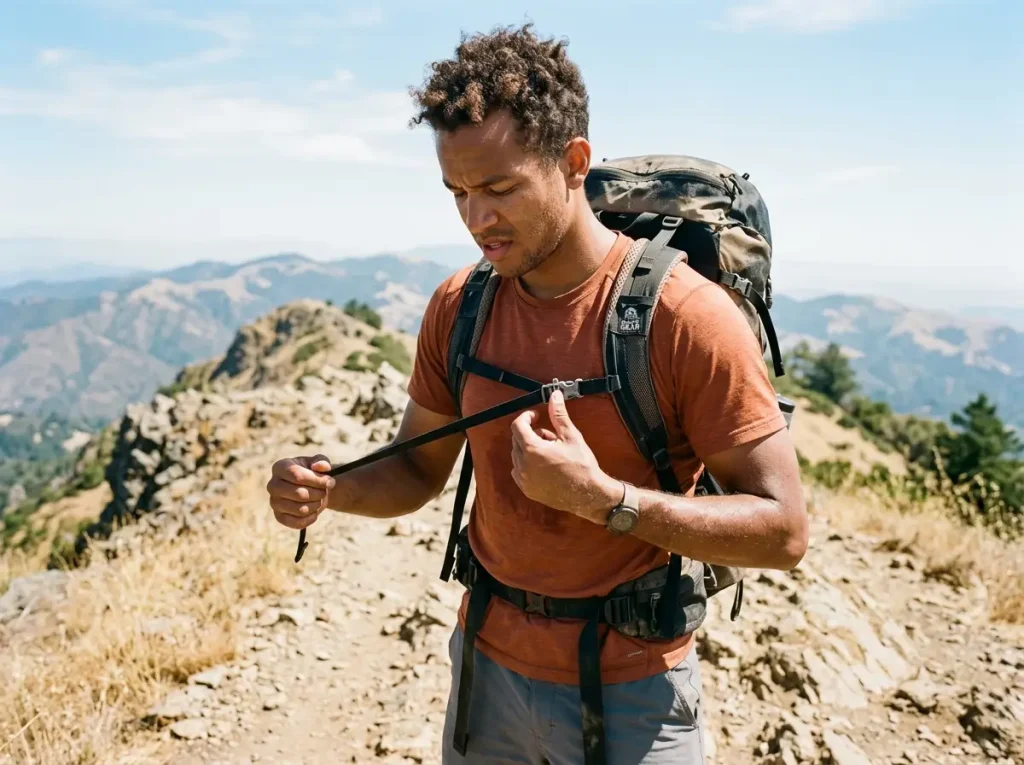 Hiker testing sternum strap tension with the two-finger slip check, Granite Gear pack