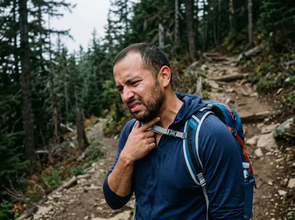 Hiker showing a too-high sternum strap riding into the throat on an uphill, Osprey Talon pack